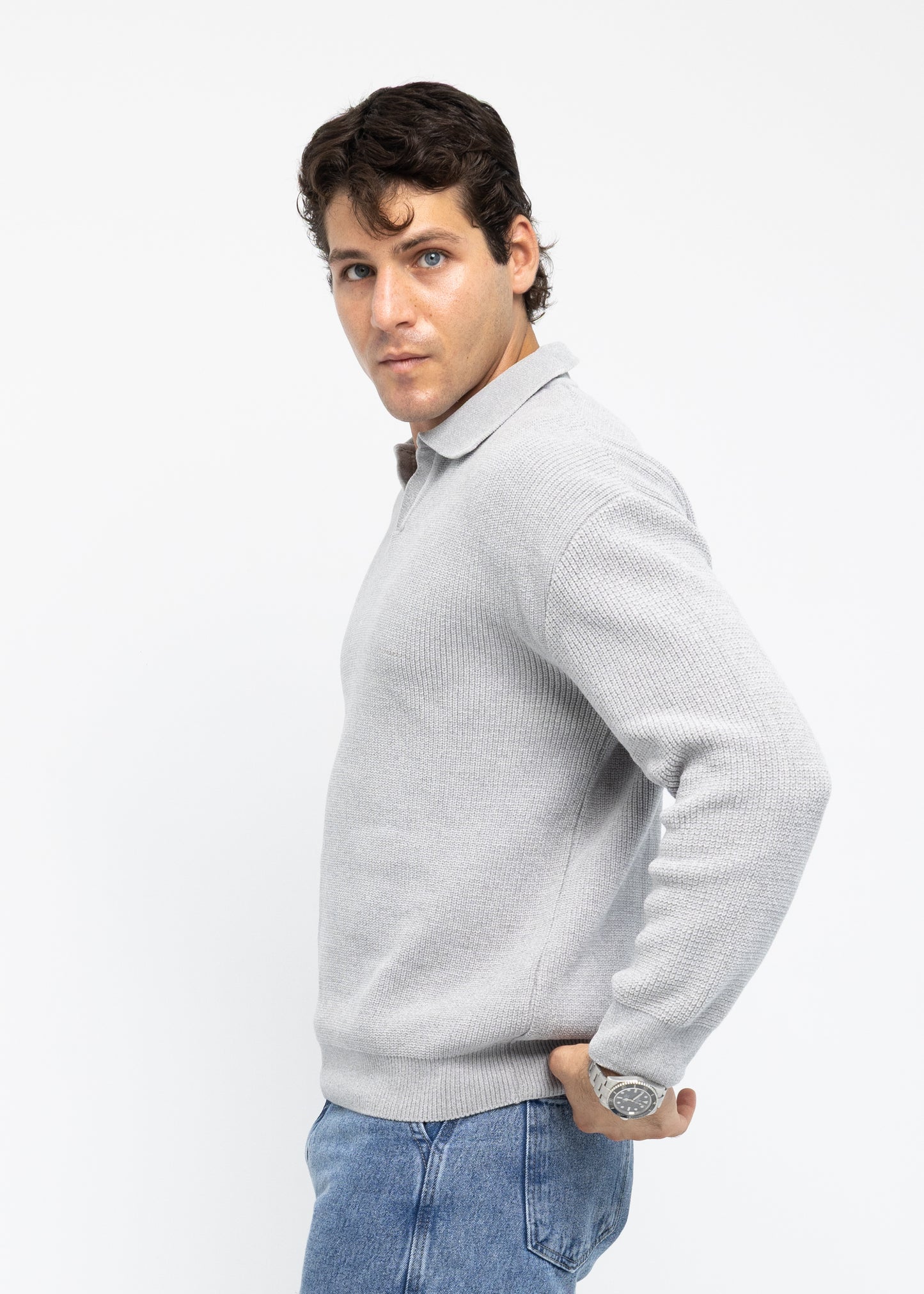 Grey Long Sleeve Knitted Polo
