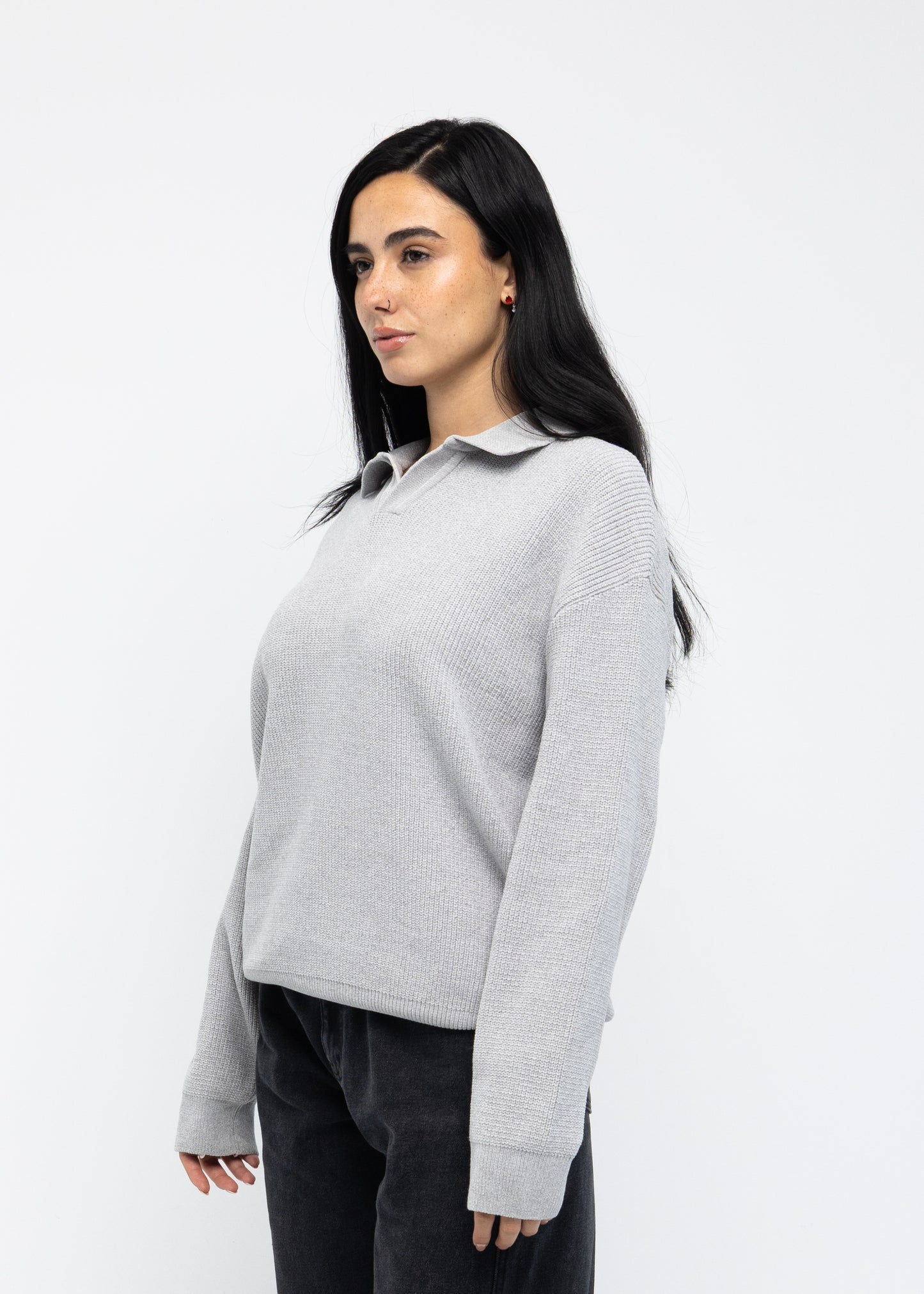 Grey Long Sleeve Knitted Polo