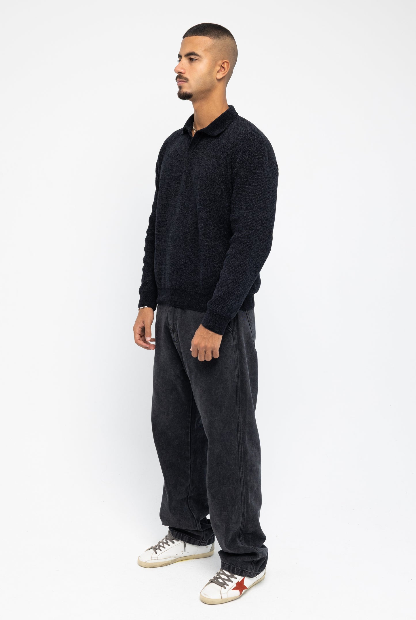 Black Long Sleeve Knitted Polo