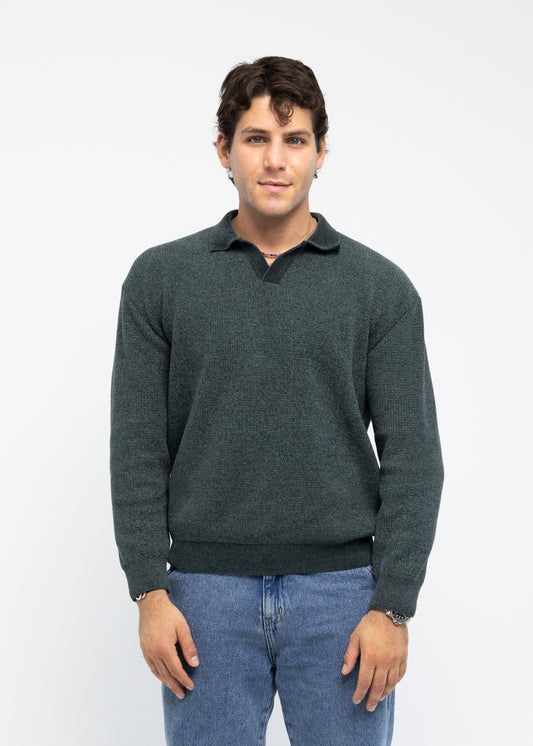 Olive Long Sleeve Knitted Polo