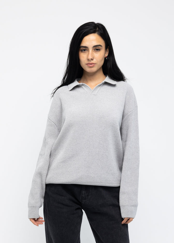 Grey Long Sleeve Knitted Polo