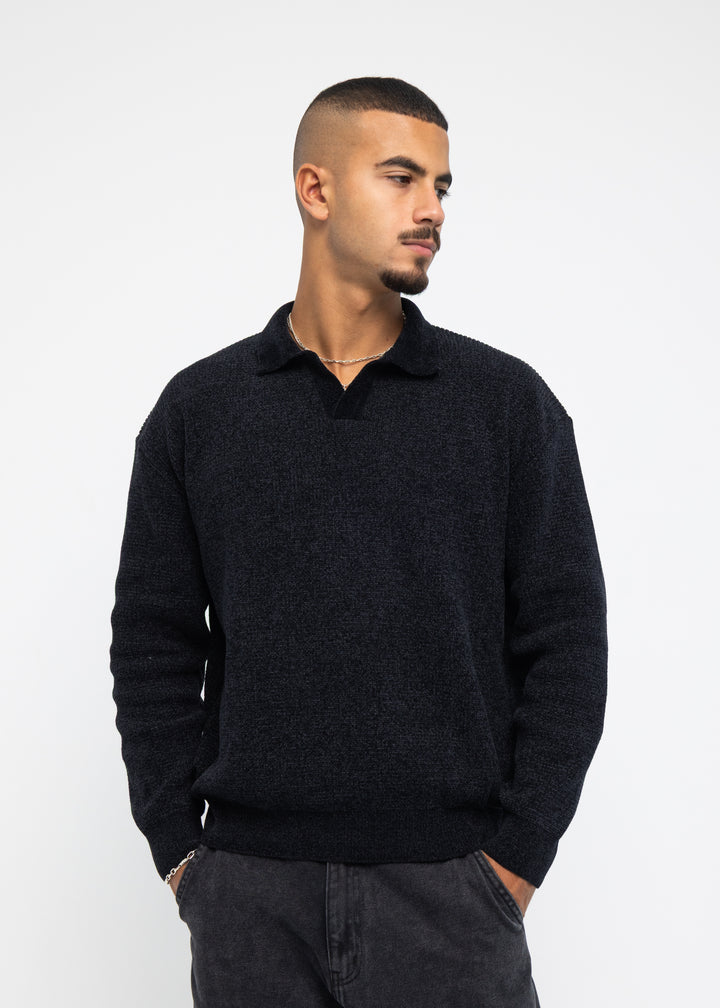 Black Long Sleeve Knitted Polo