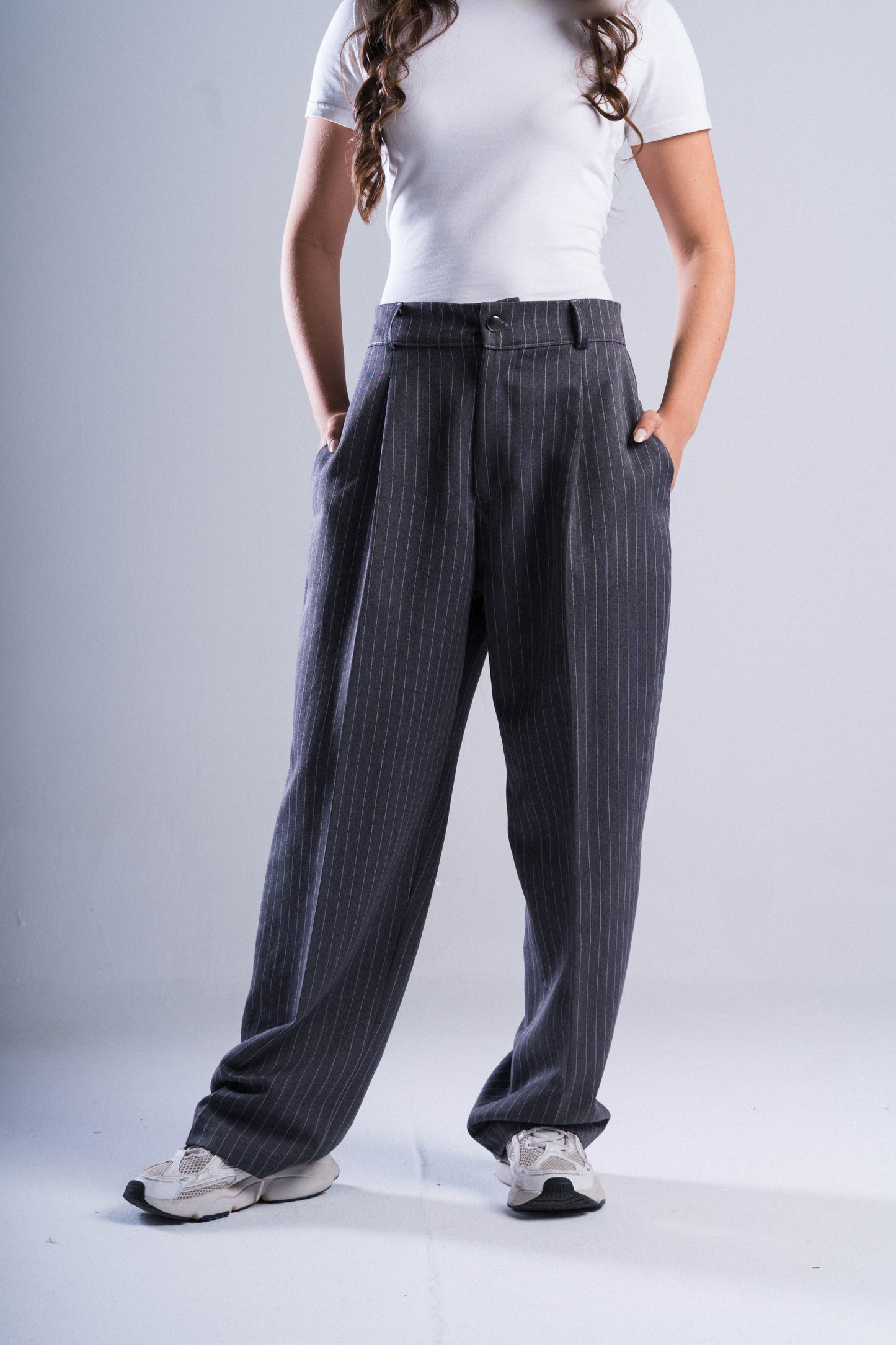 Grey Striped Tailored Pants