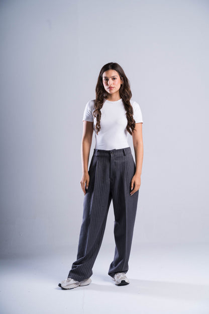 Grey Striped Tailored Pants