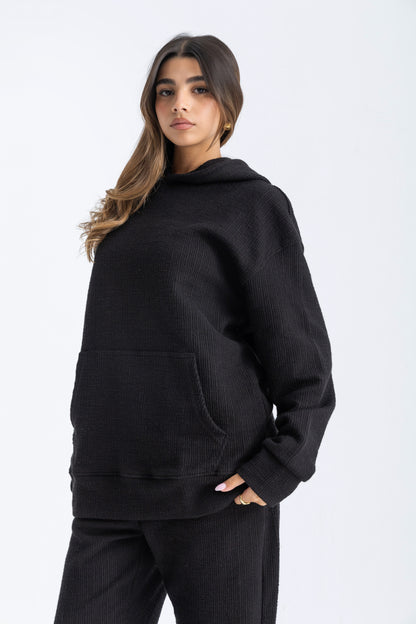 RIBBED BLACK HOODIE