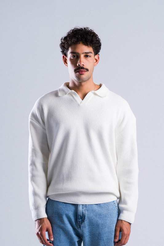 White Long Sleeve Knitted Polo